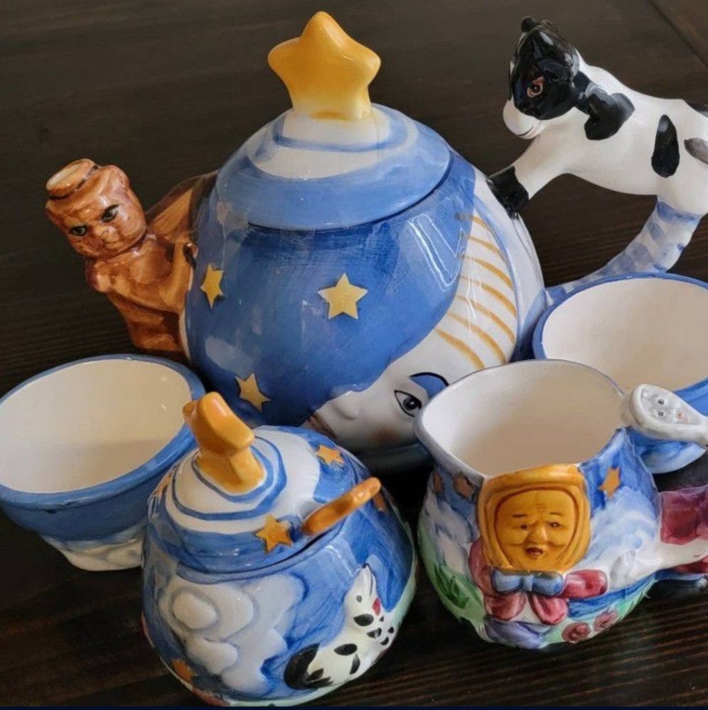 Vintage Cow Jump Over The Moon Blue Nursery Rhyme 5pcs Teapot Set